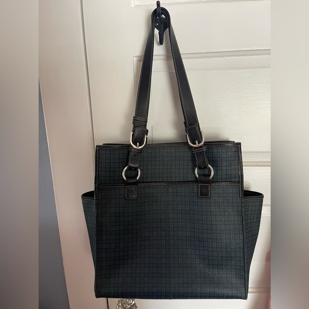 VINTAGE RALPH LAUREN WOMENS Tote Bag. Classic GREEN AND BLACK TRAVEL TOTE